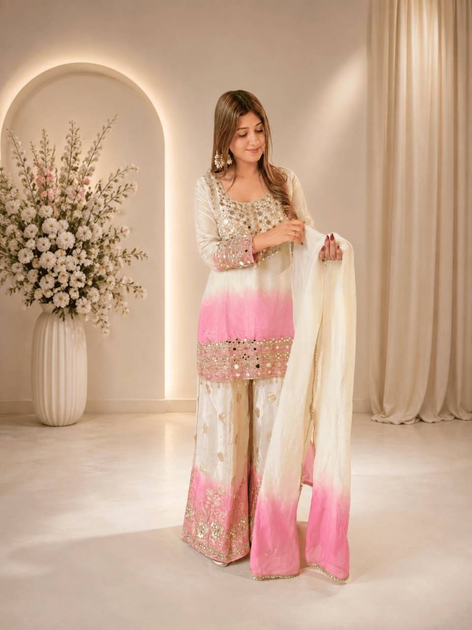 Real mirror embroided worked TOP with PLAZZO & DUPATTA