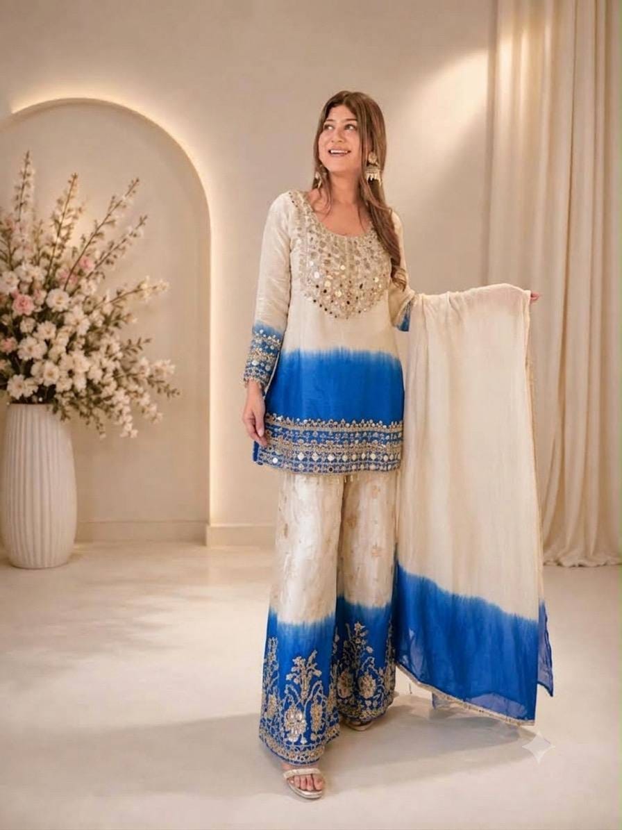 Real mirror embroided worked TOP with PLAZZO & DUPATTA