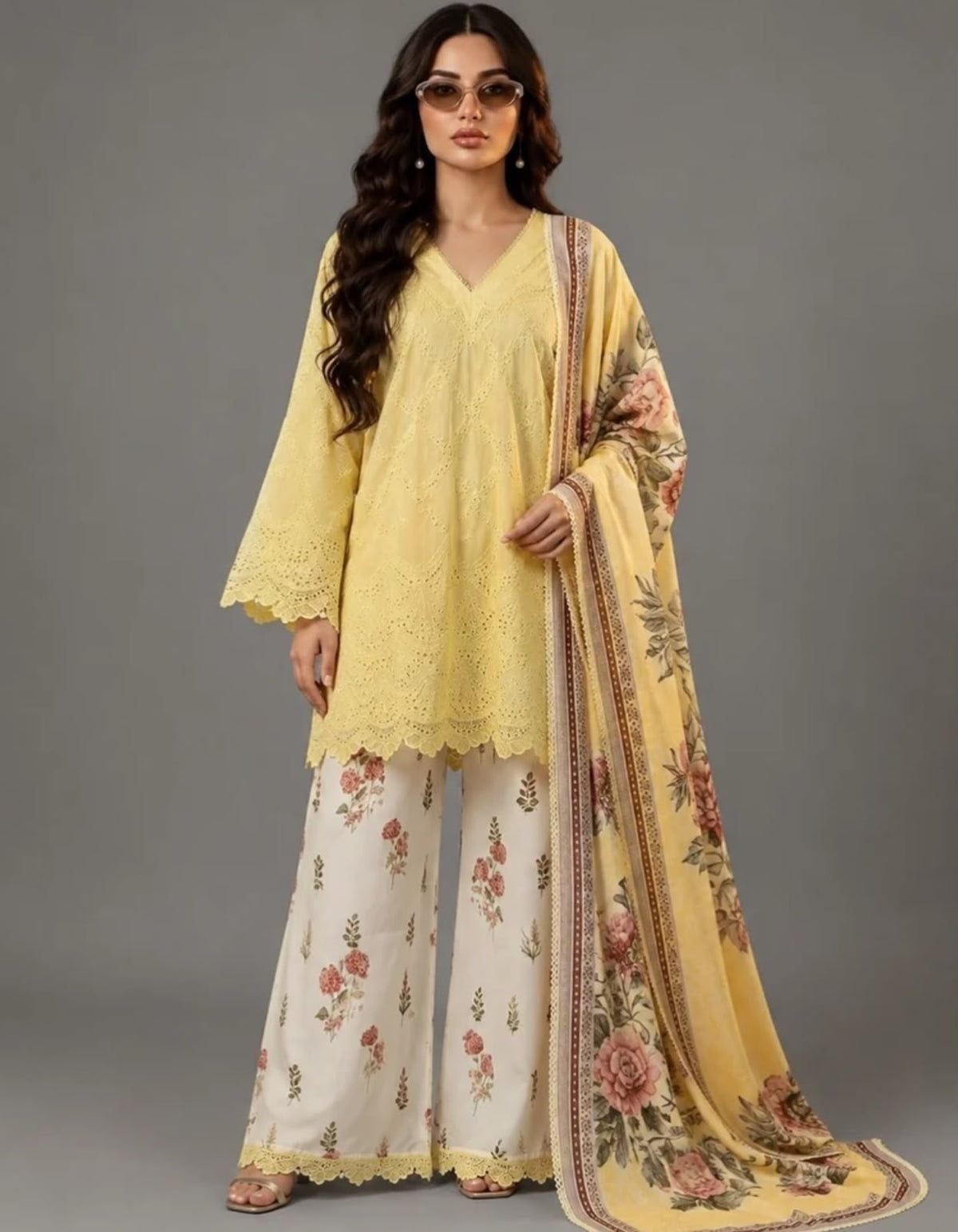 Printed Cambric Cotton Top Palazzo With Dupatta set