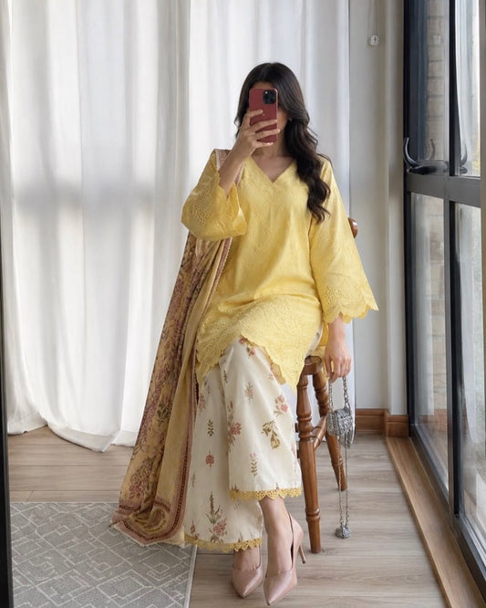Printed Cambric Cotton Top Palazzo With Dupatta set